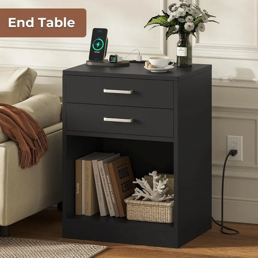 Black Nightstand Set with Charging Station & Drawers