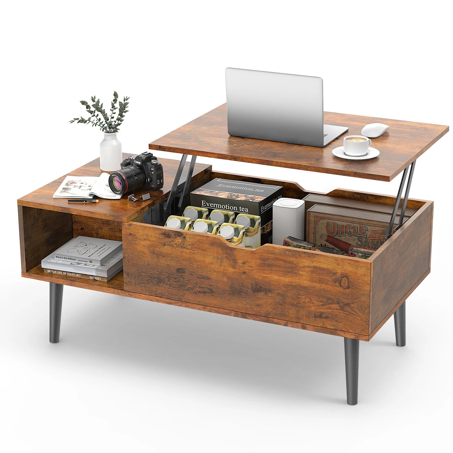 Tea Wood Lift Top Coffee Table with Adjustable Storage Shelf