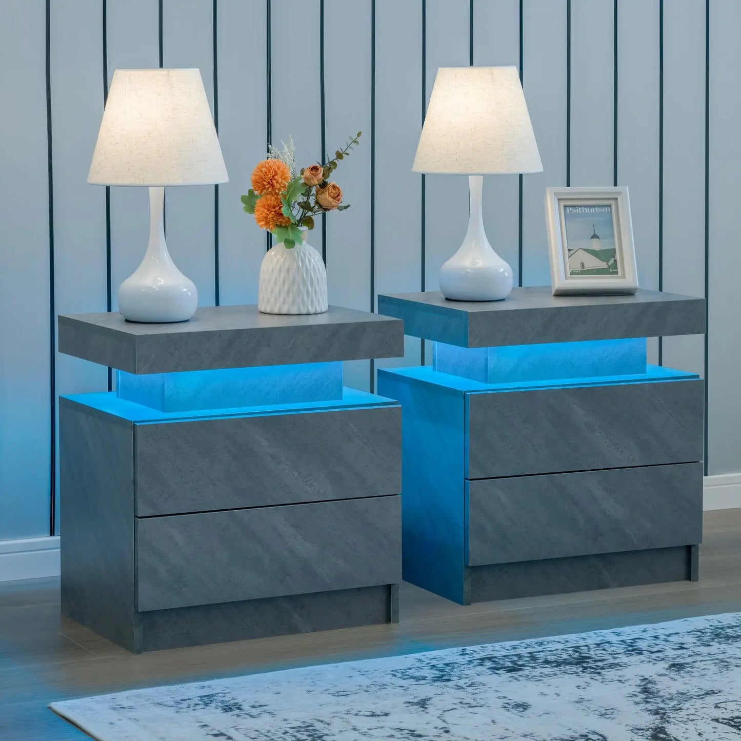 Set of 2 LED Nightstand with 2 Drawers