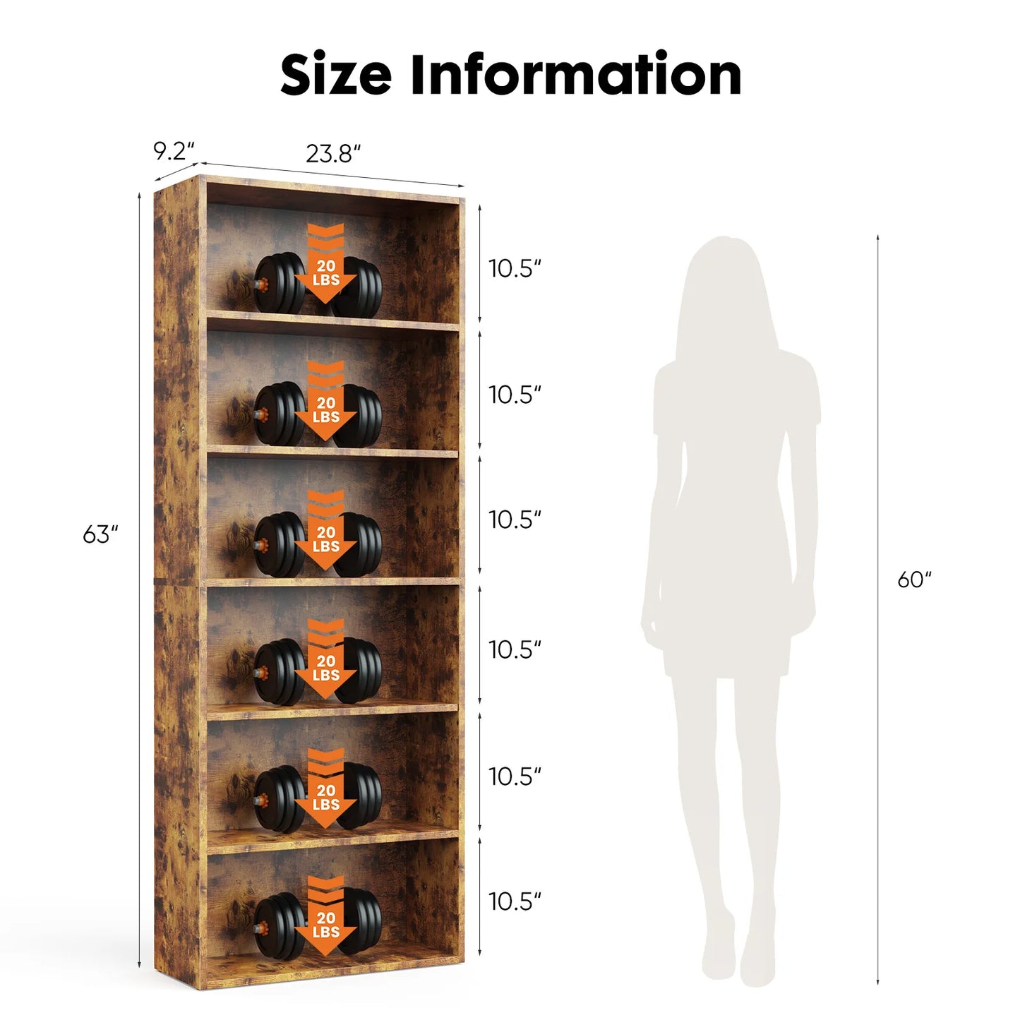 63 Inch Tall Floor Standing Wooden Shelf Bookcase