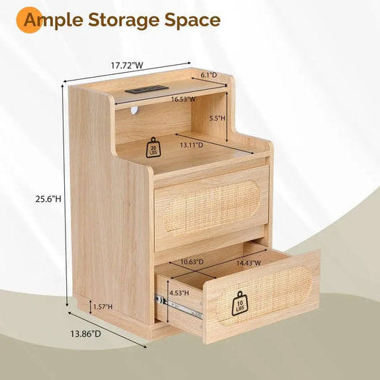 Boho Wood Rattan Nightstands with Charging Station