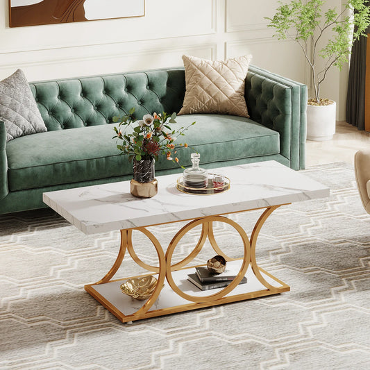 Rectangle 2-Tier Faux Marble Wood Coffee Table