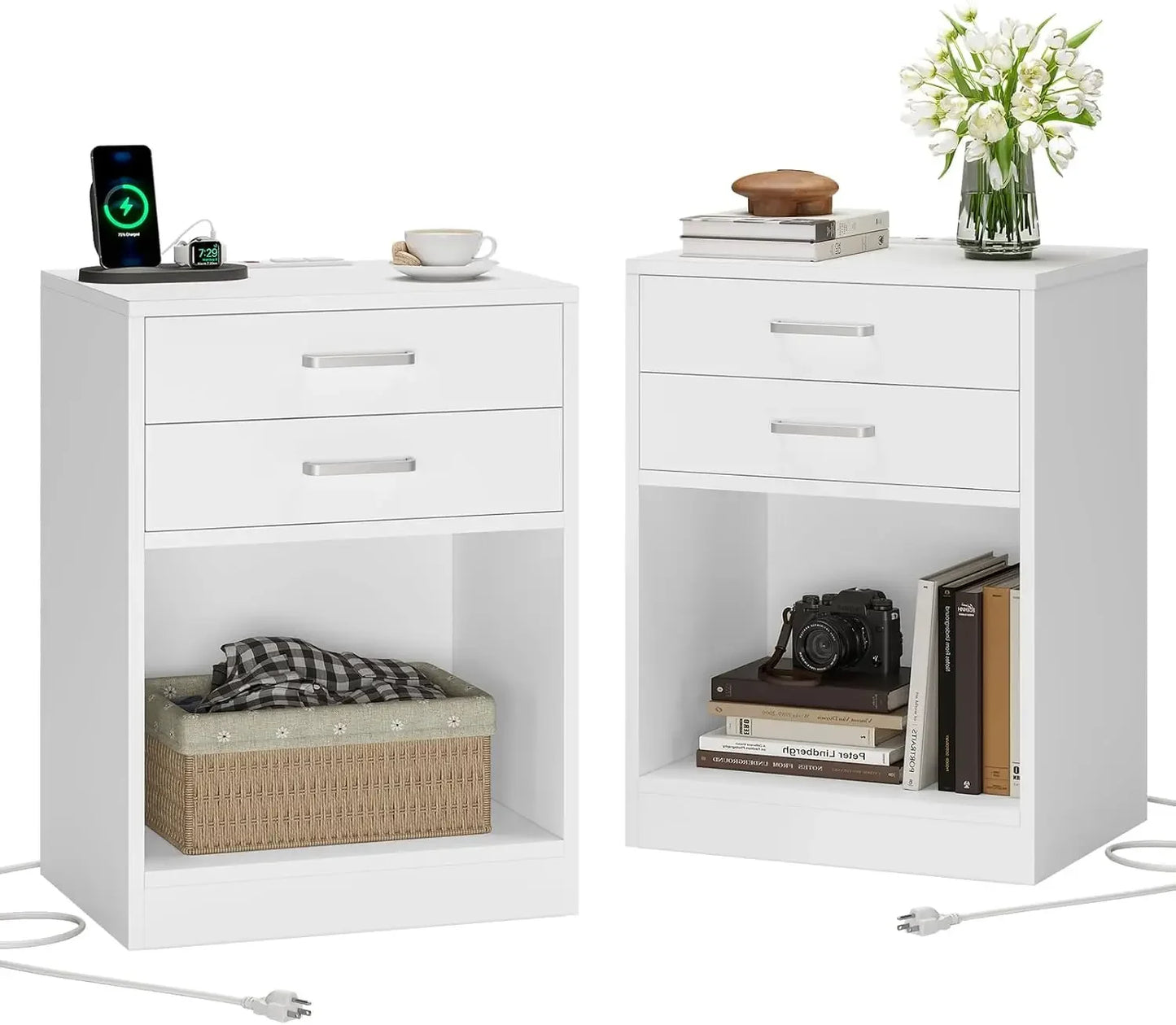 Black Nightstand Set with Charging Station & Drawers