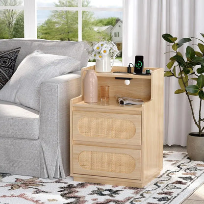 Boho Wood Rattan Nightstands with Charging Station