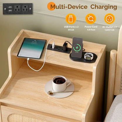 Boho Wood Rattan Nightstands with Charging Station