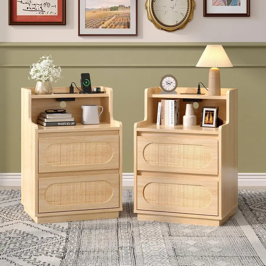 Boho Wood Rattan Nightstands with Charging Station