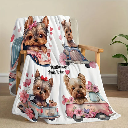 Cozy Yorkie Cartoon Print Flannel Blanket