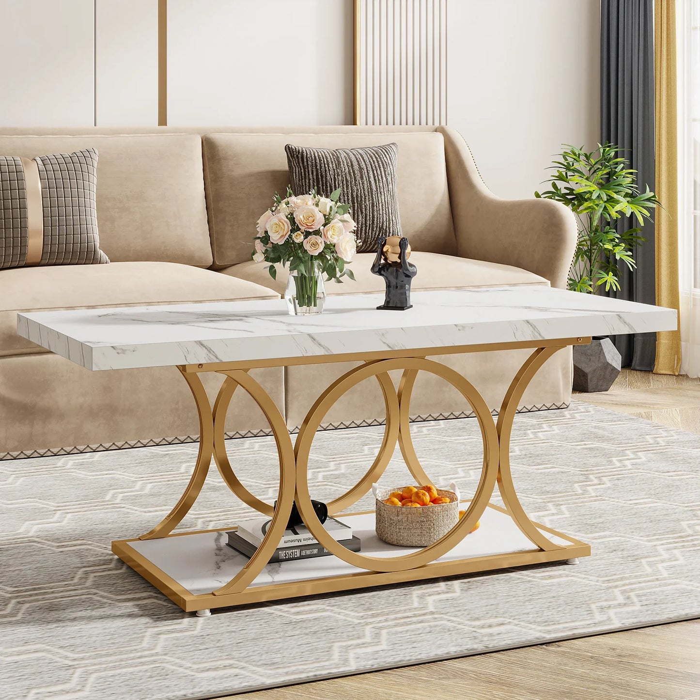 Rectangle 2-Tier Faux Marble Wood Coffee Table