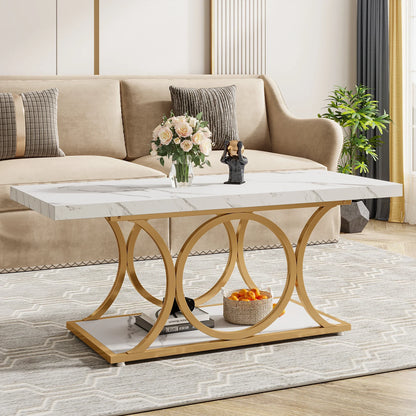 Rectangle 2-Tier Faux Marble Wood Coffee Table