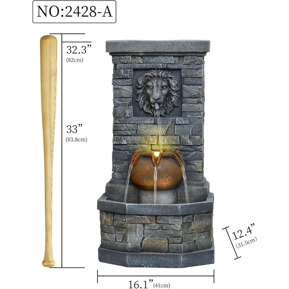 Garden Floor-Standing Water Fountain Lion Head Stone with Lights