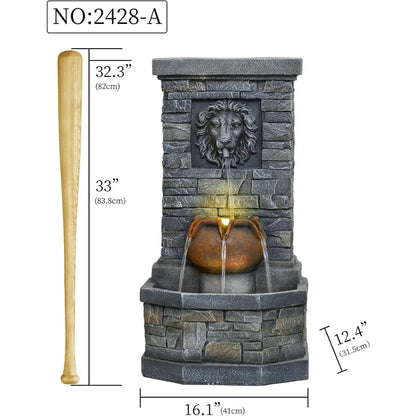 Garden Floor-Standing Water Fountain Lion Head Stone with Lights