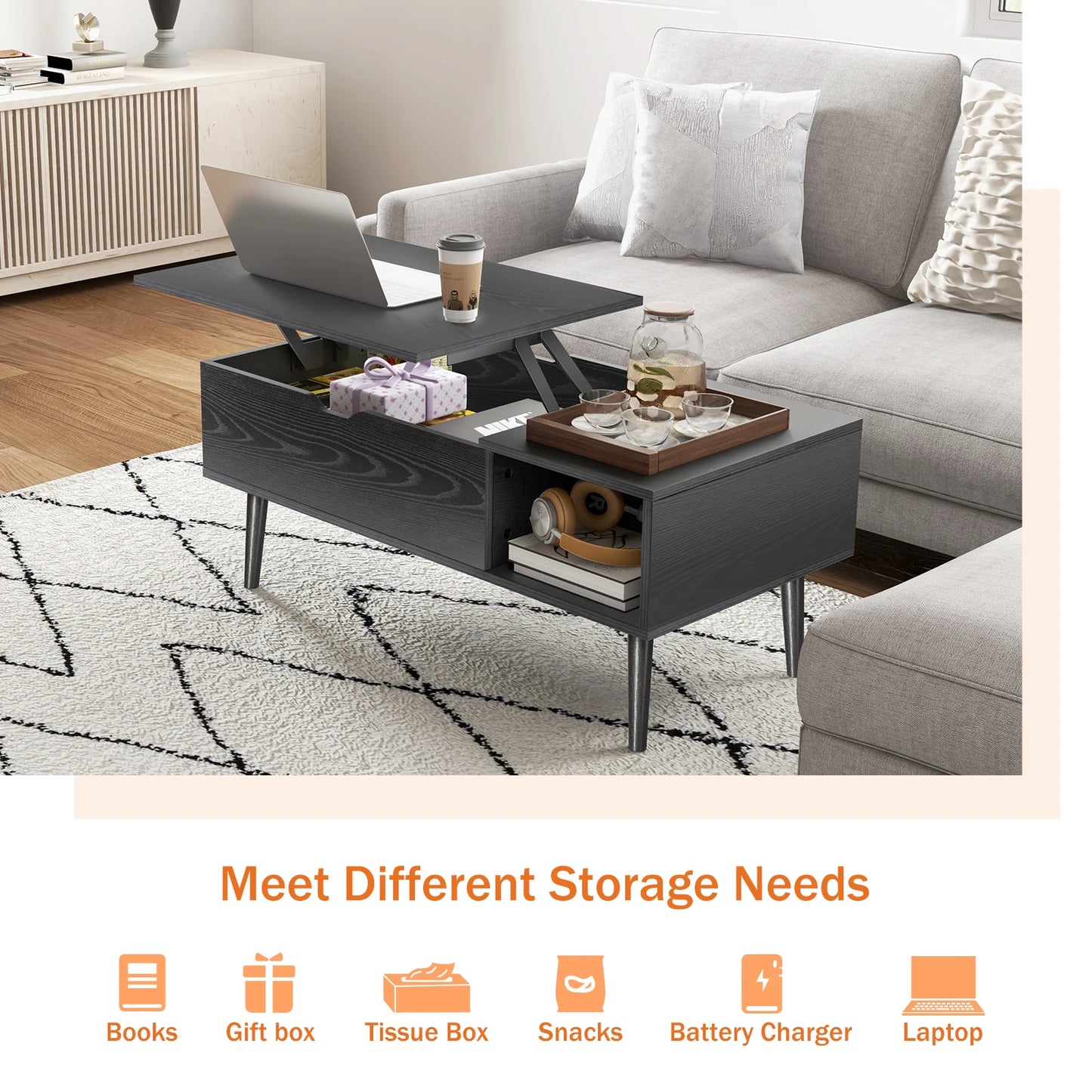 Tea Wood Lift Top Coffee Table with Adjustable Storage Shelf