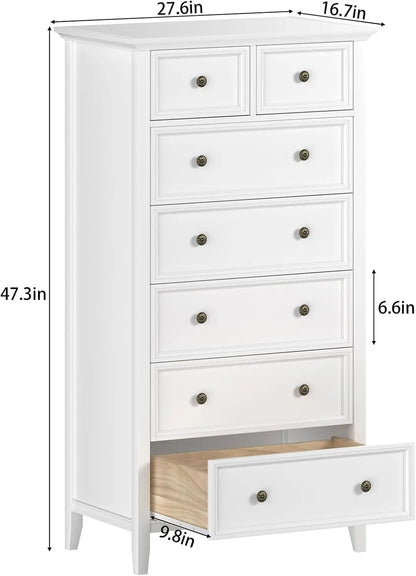 Solid Wood White 7 Drawer Tall Dresser