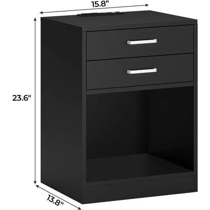 Black Nightstand Set with Charging Station & Drawers
