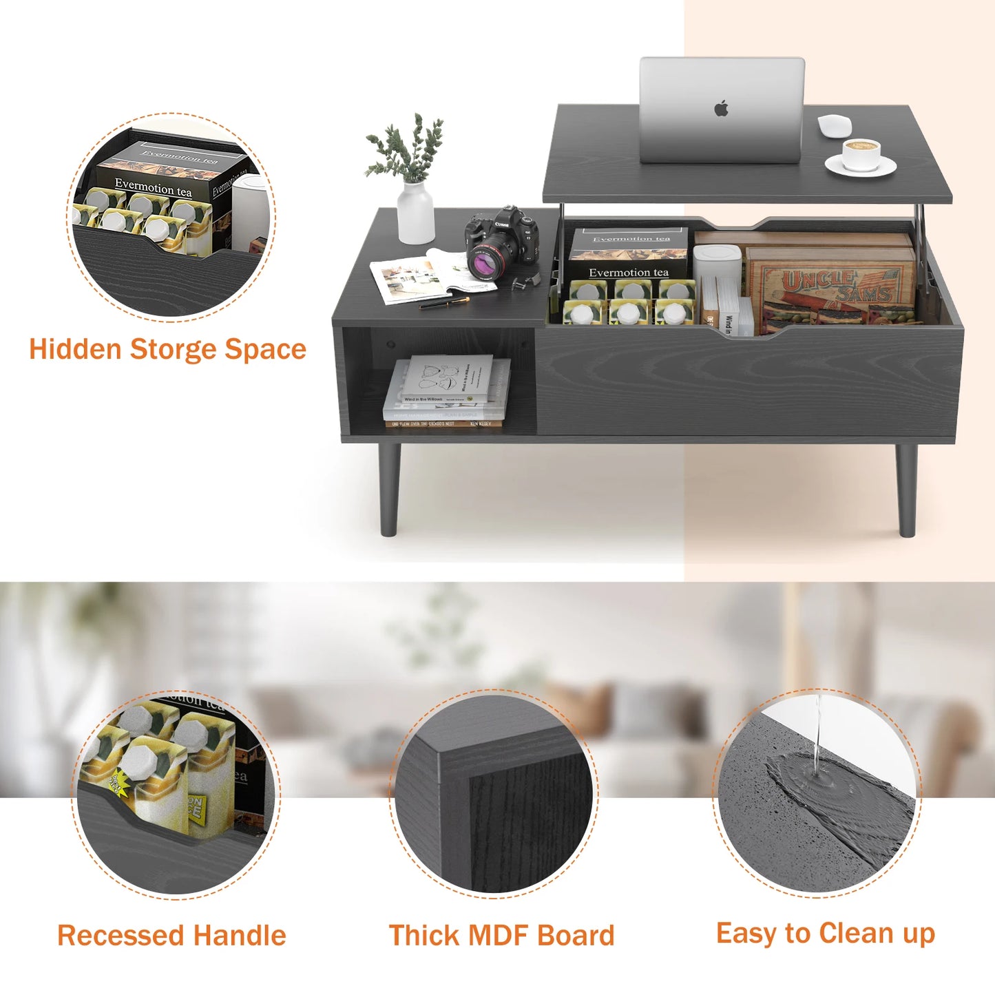 Tea Wood Lift Top Coffee Table with Adjustable Storage Shelf