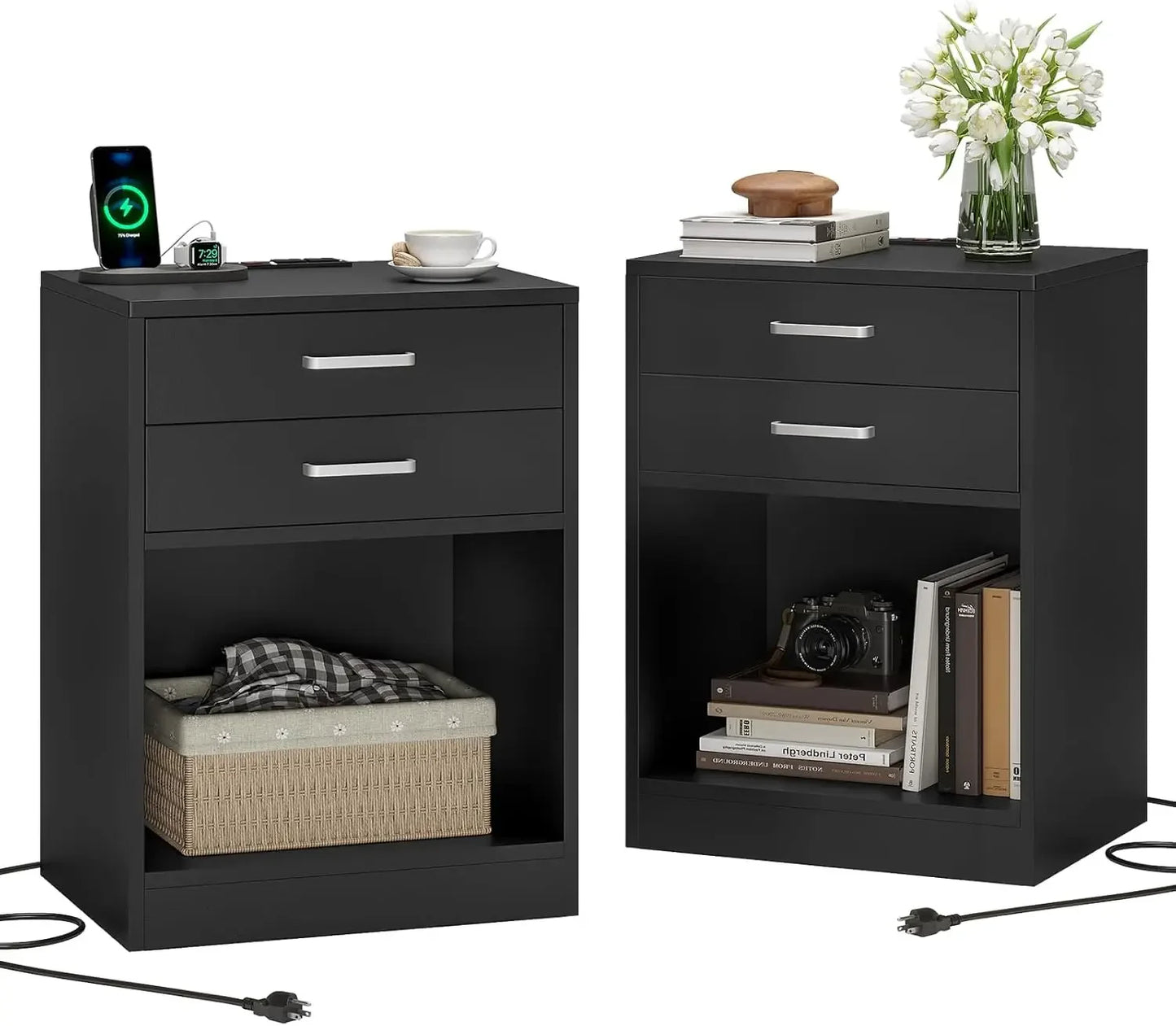 Black Nightstand Set with Charging Station & Drawers