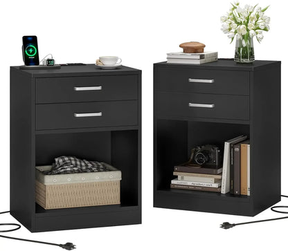 Black Nightstand Set with Charging Station & Drawers