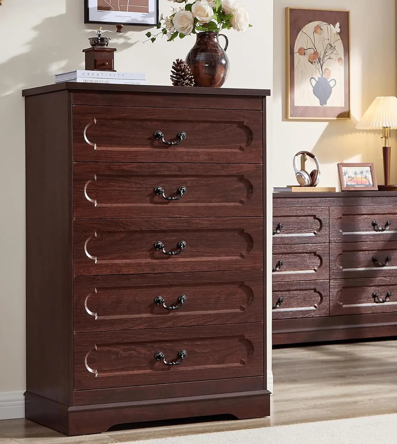 Farmhouse Cherry Wood Wide Drawers Dresser