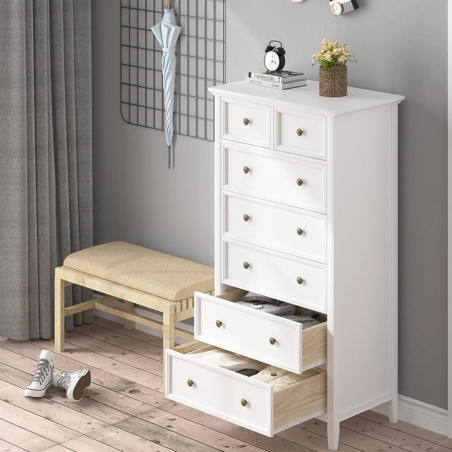 Solid Wood White 7 Drawer Tall Dresser