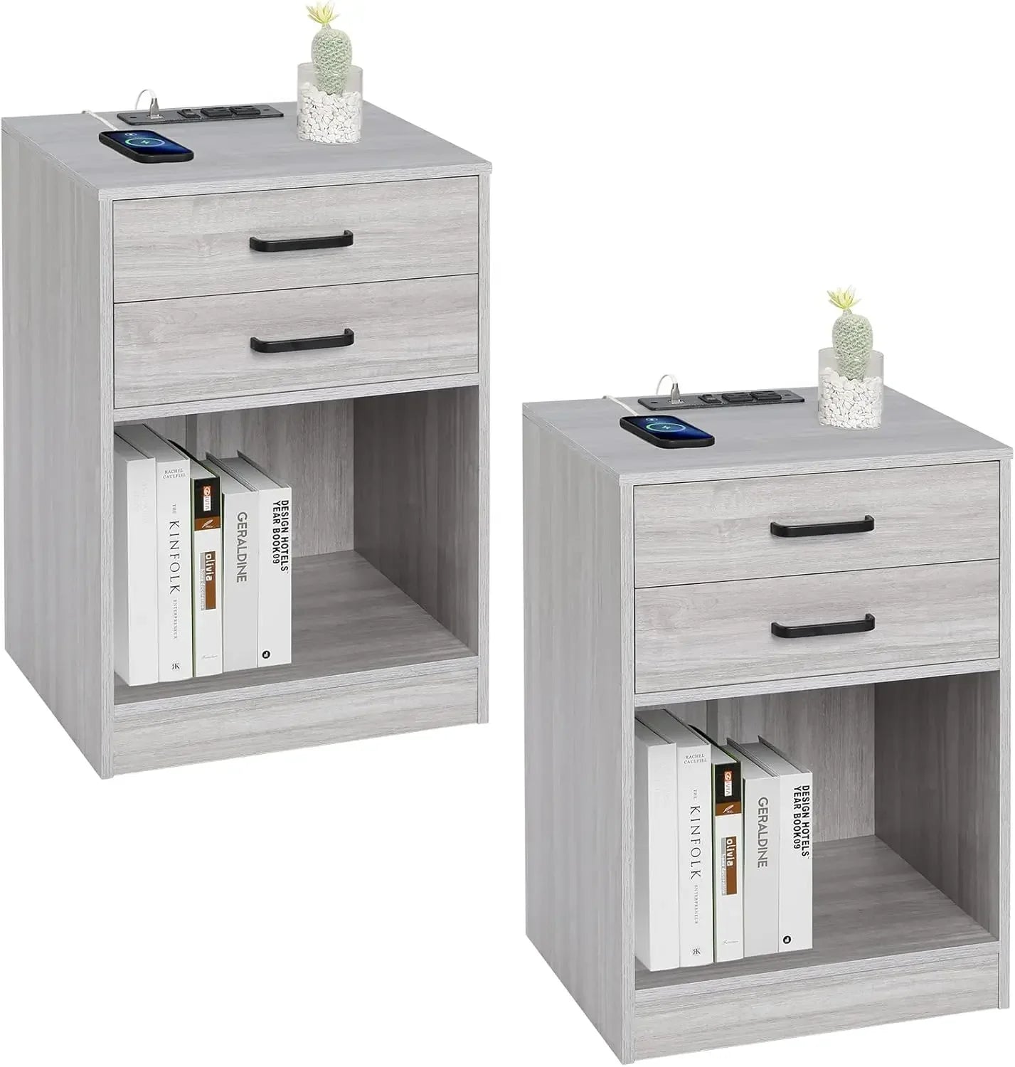 Black Nightstand Set with Charging Station & Drawers