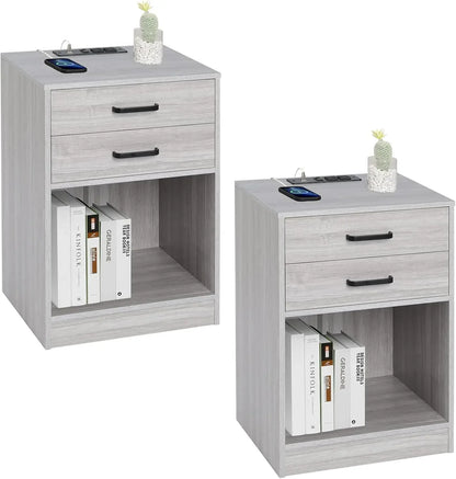 Black Nightstand Set with Charging Station & Drawers