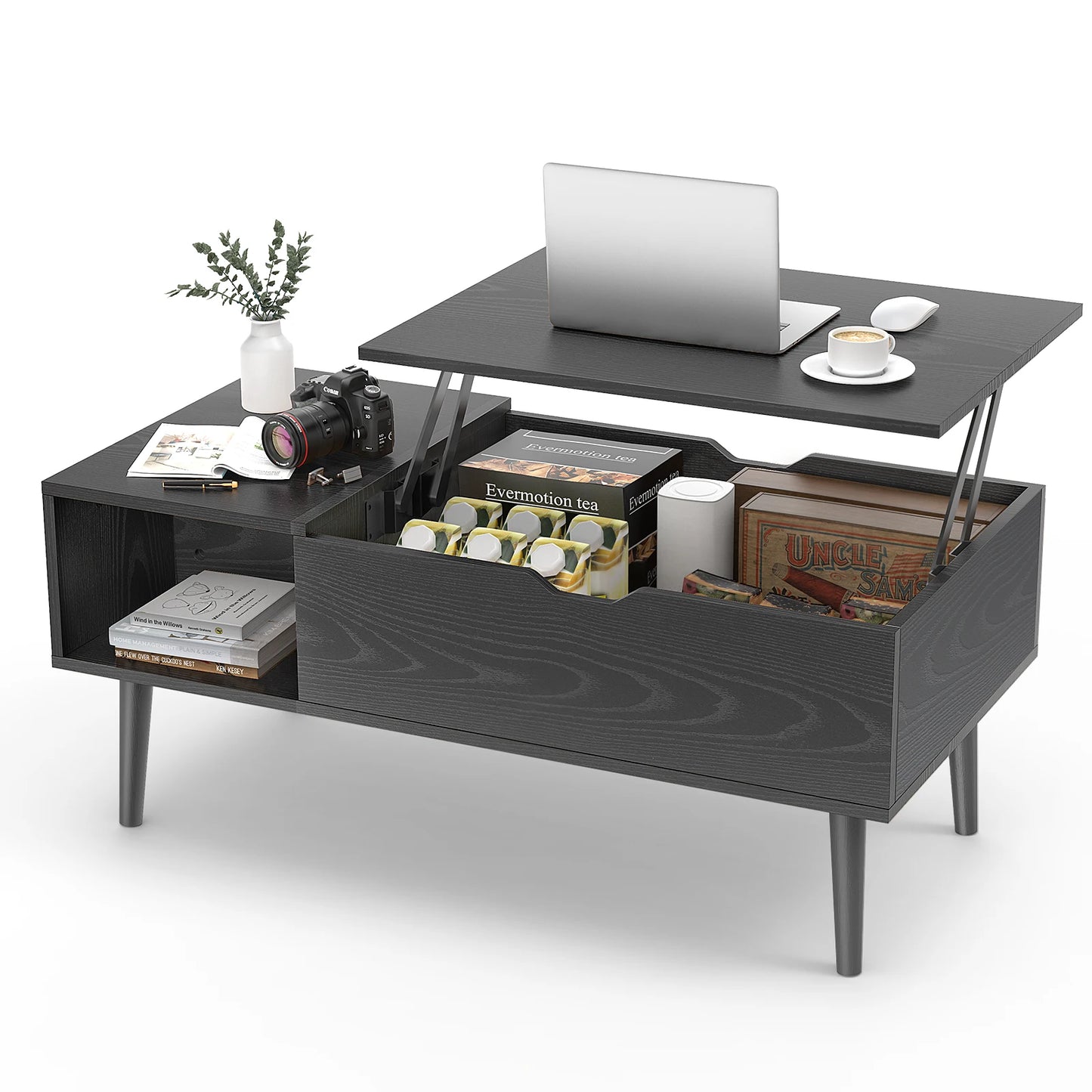 Tea Wood Lift Top Coffee Table with Adjustable Storage Shelf