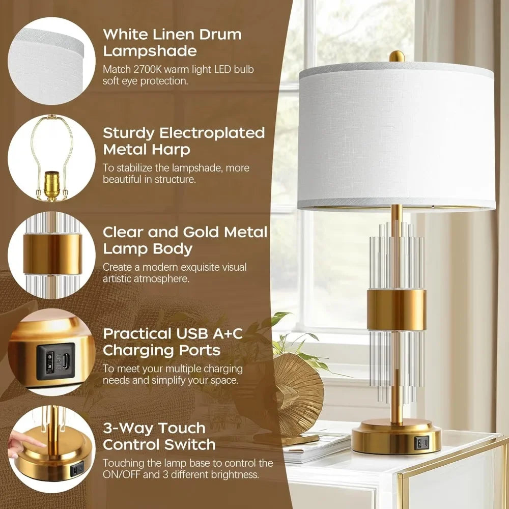 Gold Table Lamp with USB A+C Ports & Touch Controls