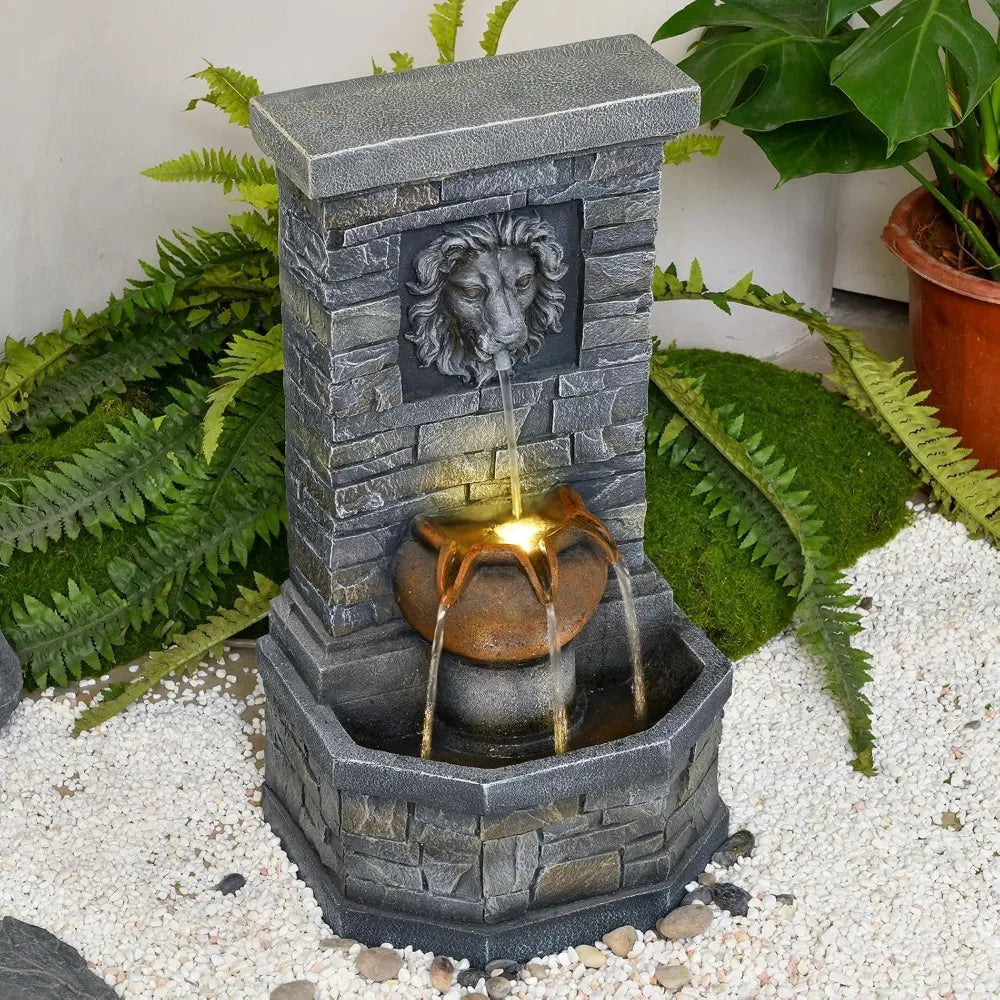 Garden Floor-Standing Water Fountain Lion Head Stone with Lights