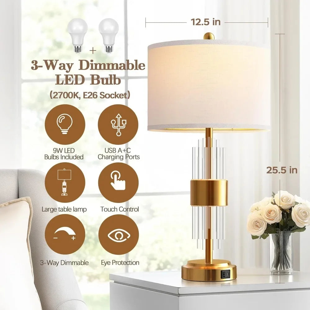 Gold Table Lamp with USB A+C Ports & Touch Controls