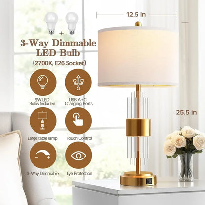 Gold Table Lamp with USB A+C Ports & Touch Controls