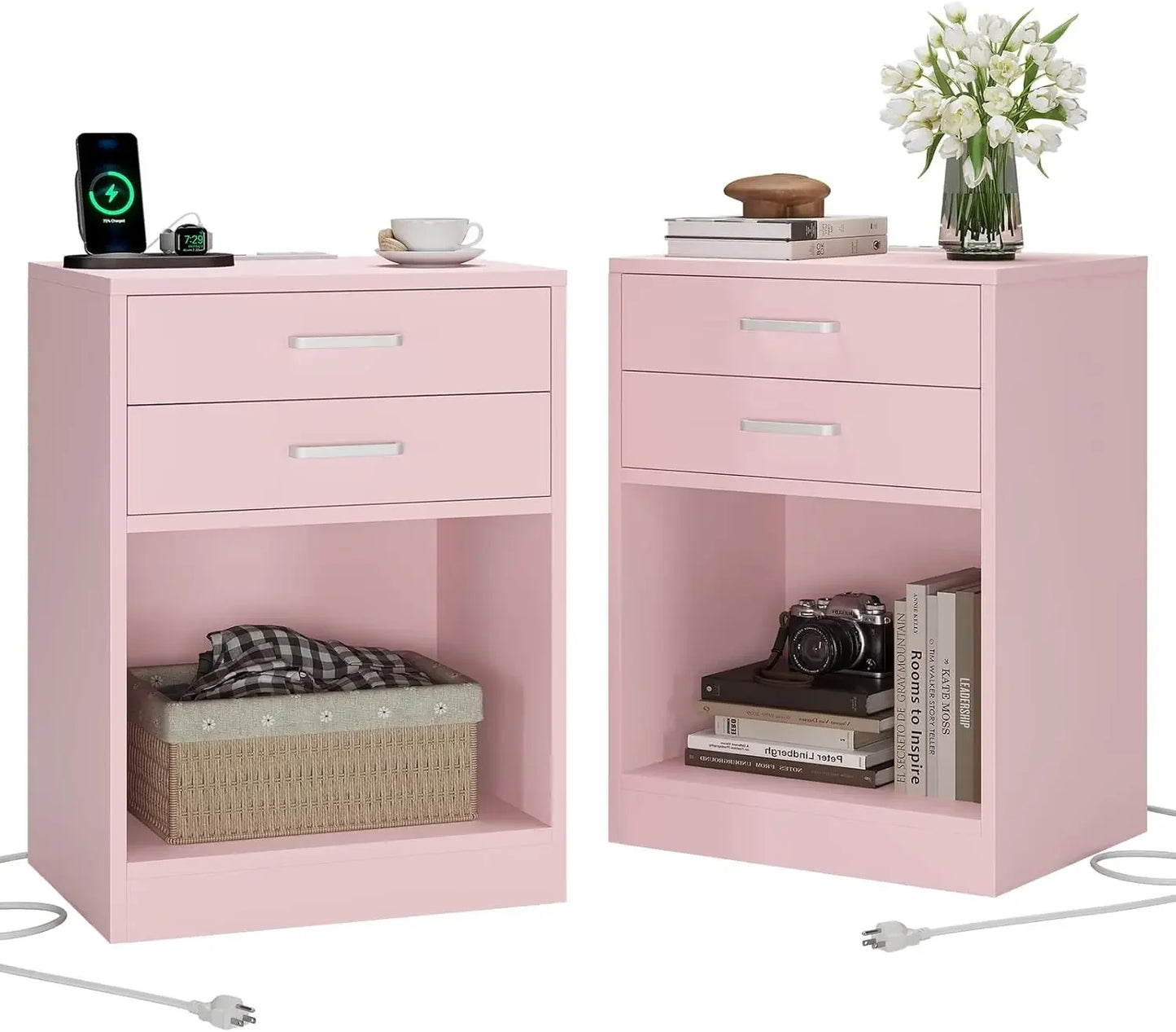 Black Nightstand Set with Charging Station & Drawers