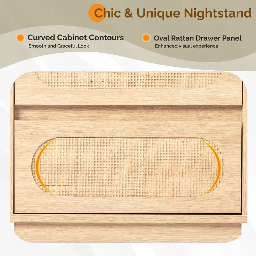 Boho Wood Rattan Nightstands with Charging Station