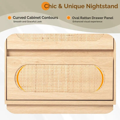 Boho Wood Rattan Nightstands with Charging Station