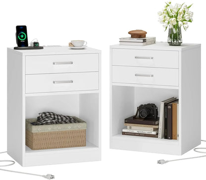 Black Nightstand Set with Charging Station & Drawers