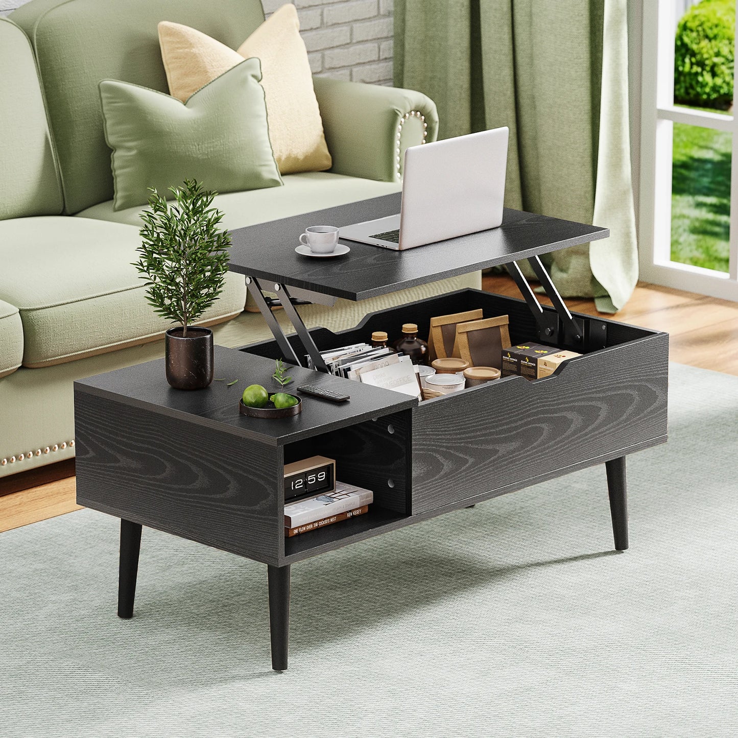 Tea Wood Lift Top Coffee Table with Adjustable Storage Shelf