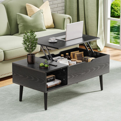 Tea Wood Lift Top Coffee Table with Adjustable Storage Shelf