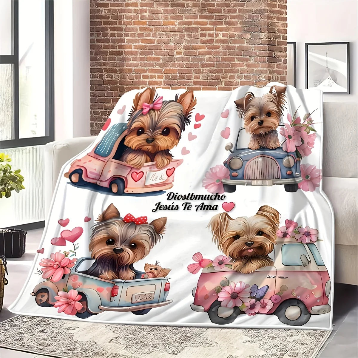 Cozy Yorkie Cartoon Print Flannel Blanket