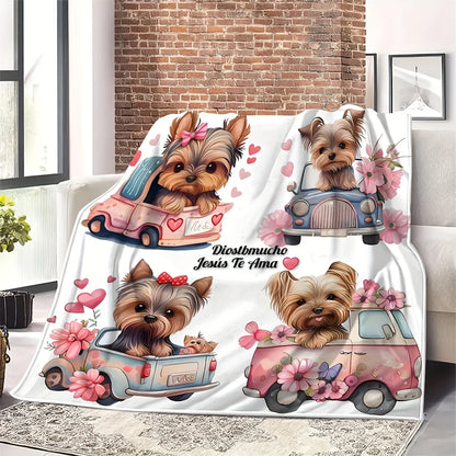 Cozy Yorkie Cartoon Print Flannel Blanket