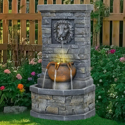 Garden Floor-Standing Water Fountain Lion Head Stone with Lights