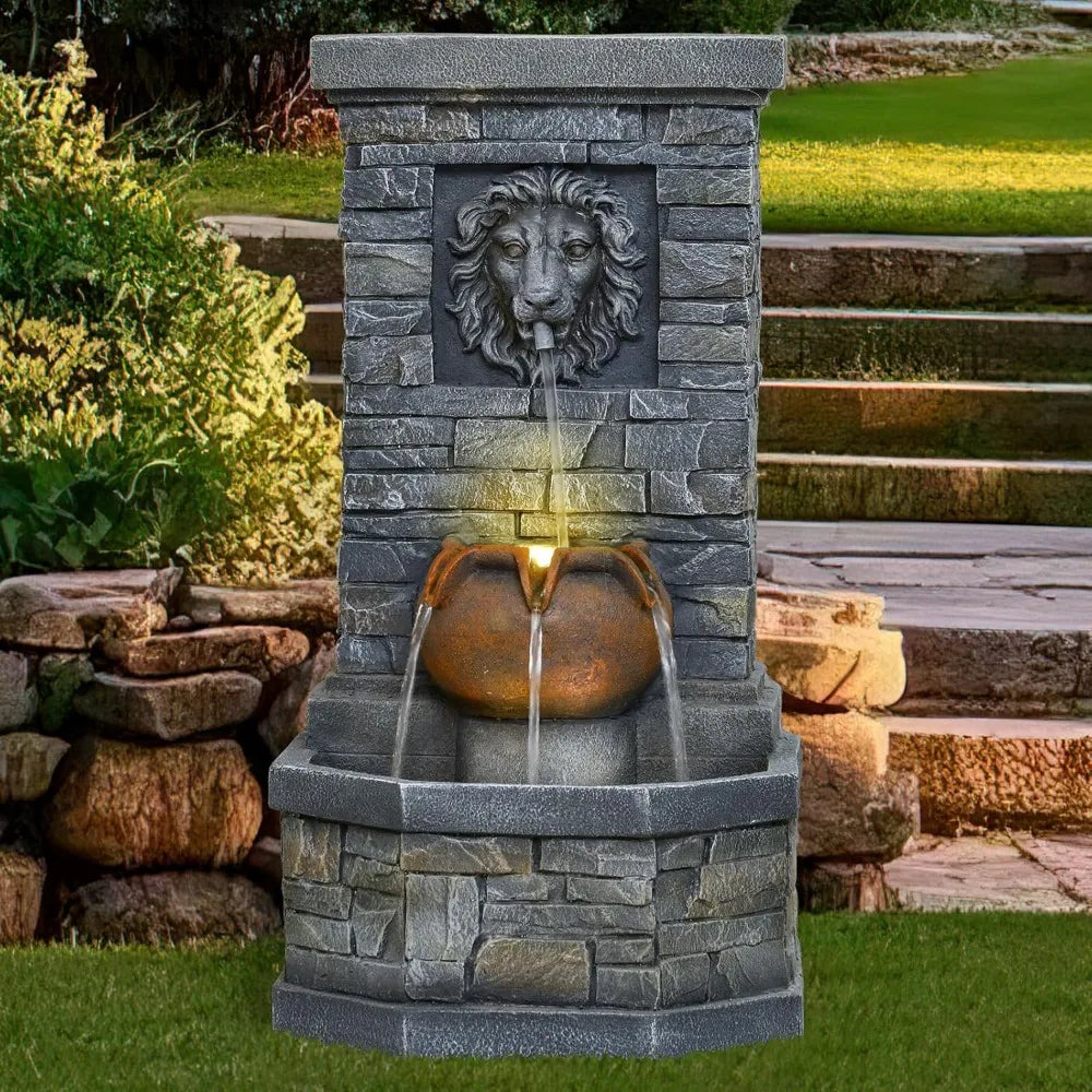 Garden Floor-Standing Water Fountain Lion Head Stone with Lights