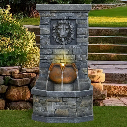 Garden Floor-Standing Water Fountain Lion Head Stone with Lights