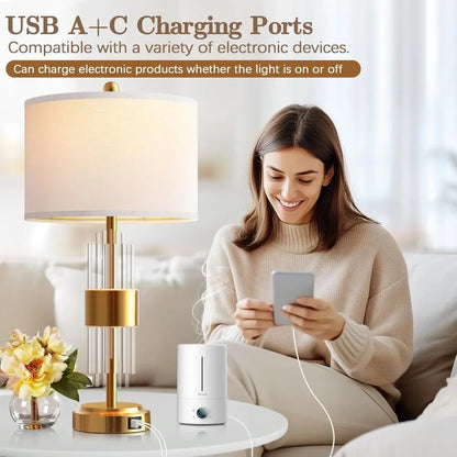 Gold Table Lamp with USB A+C Ports & Touch Controls