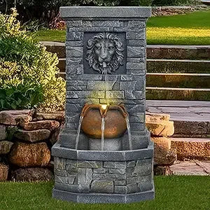 Garden Floor-Standing Water Fountain Lion Head Stone with Lights