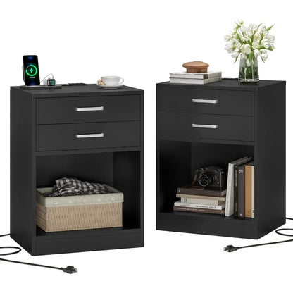 Black Nightstand Set with Charging Station & Drawers