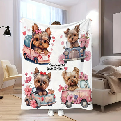 Cozy Yorkie Cartoon Print Flannel Blanket