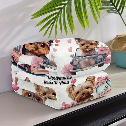 Cozy Yorkie Cartoon Print Flannel Blanket
