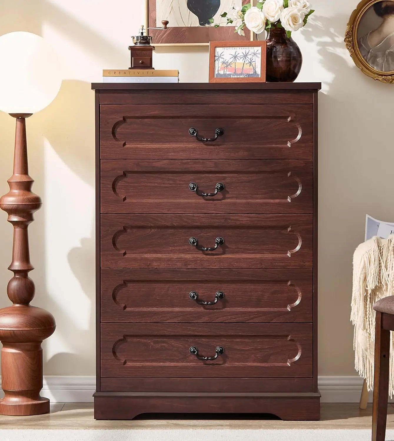 Farmhouse Cherry Wood Wide Drawers Dresser