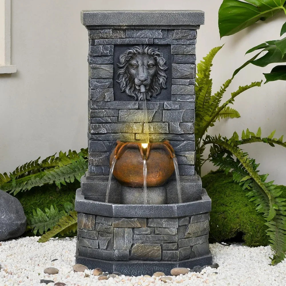 Garden Floor-Standing Water Fountain Lion Head Stone with Lights