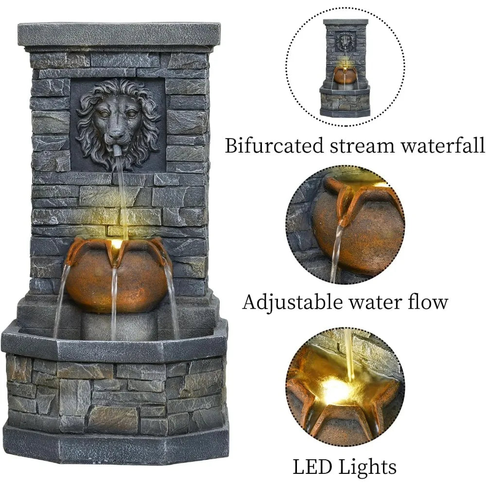 Garden Floor-Standing Water Fountain Lion Head Stone with Lights
