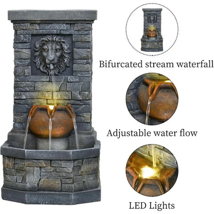 Garden Floor-Standing Water Fountain Lion Head Stone with Lights